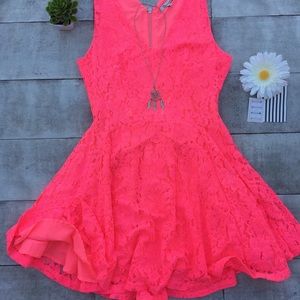 BOUTIQUE HOT PINK LACE OVERLAY MINI DRESS